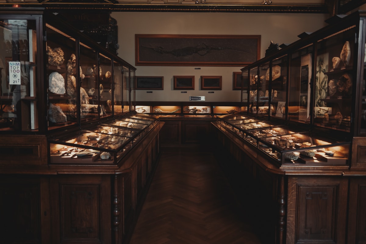Antique furniture and household items on display